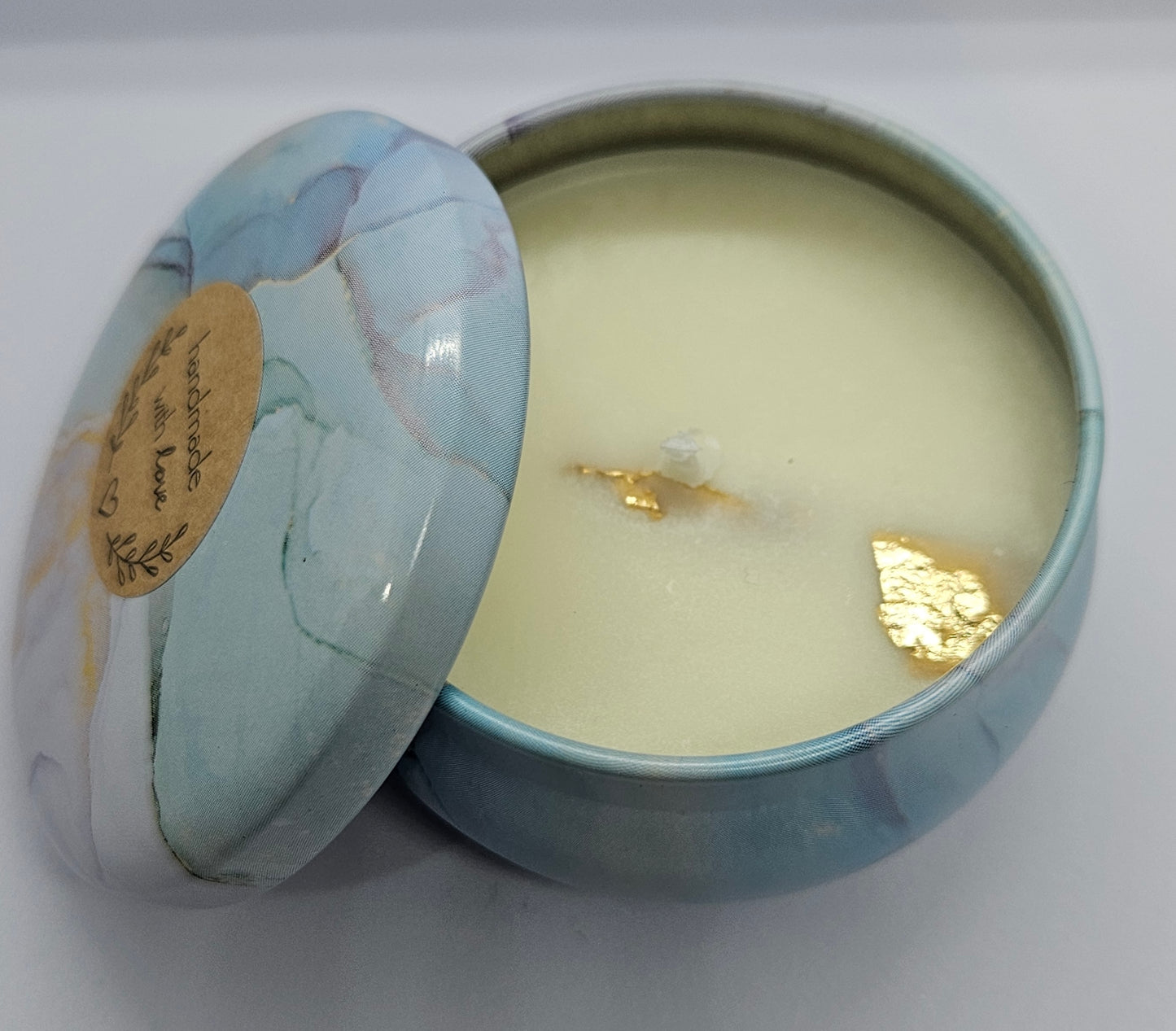 Marble Tin Candle – Bergamot Scented Soy Wax with Gold Leaf 80g