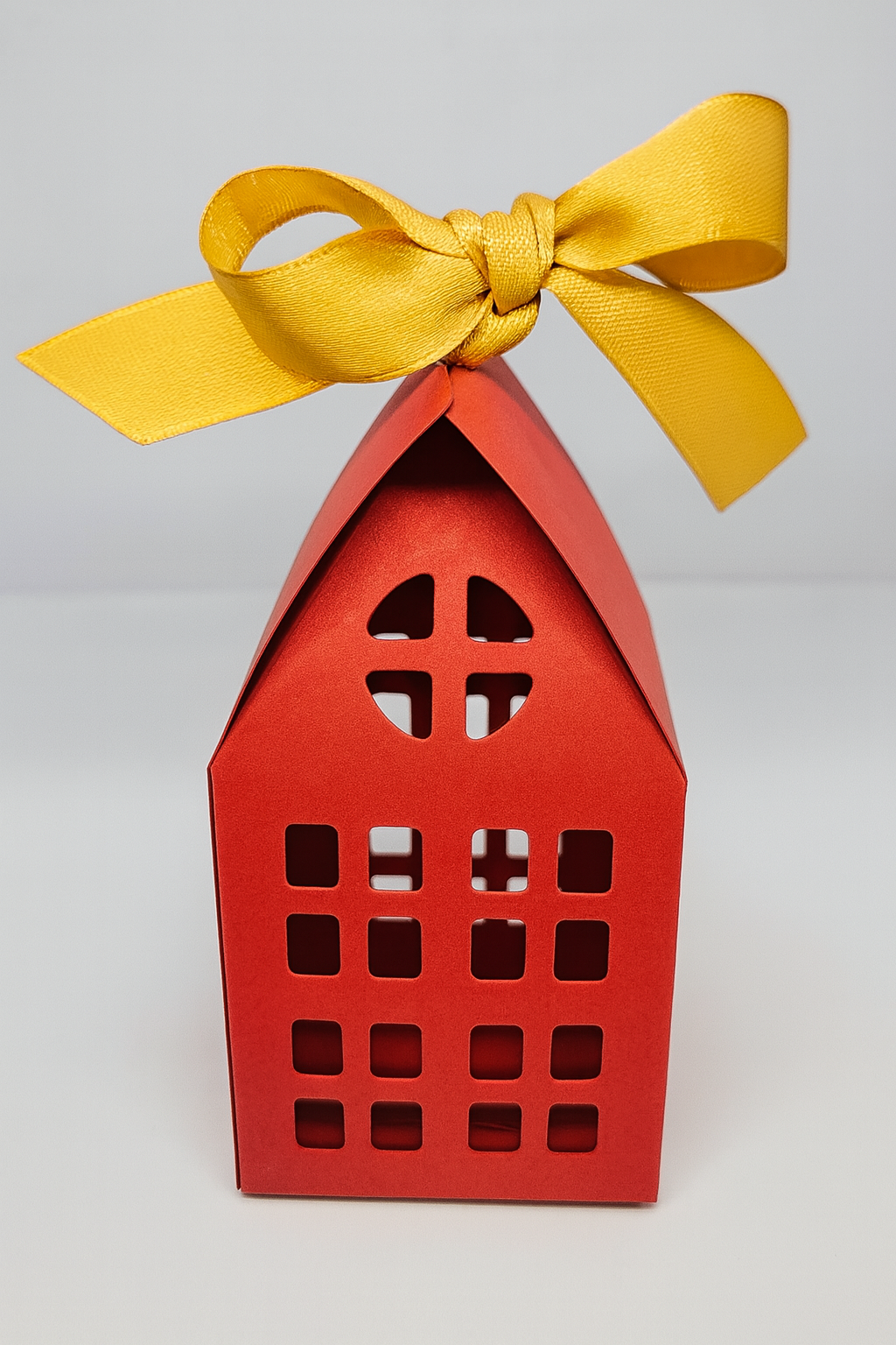 Festive House-Shaped Gift Box E  – Red with Gold Ribbon