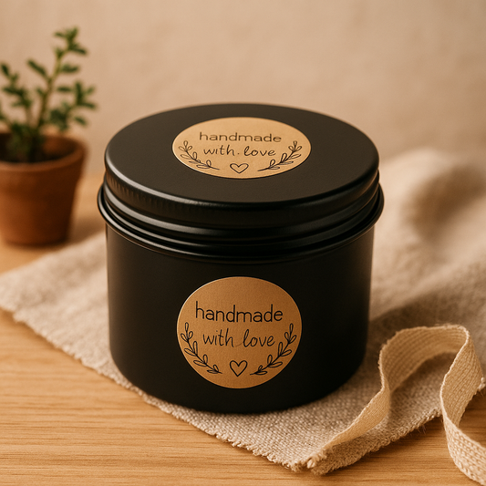 Black tin container with 'handmade with love' label on a wooden surface with a plant in the background