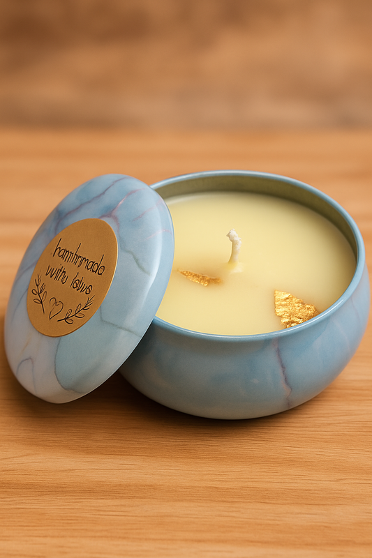 Marble Tin Candle – Bergamot Scented Soy Wax with Gold Leaf 80g