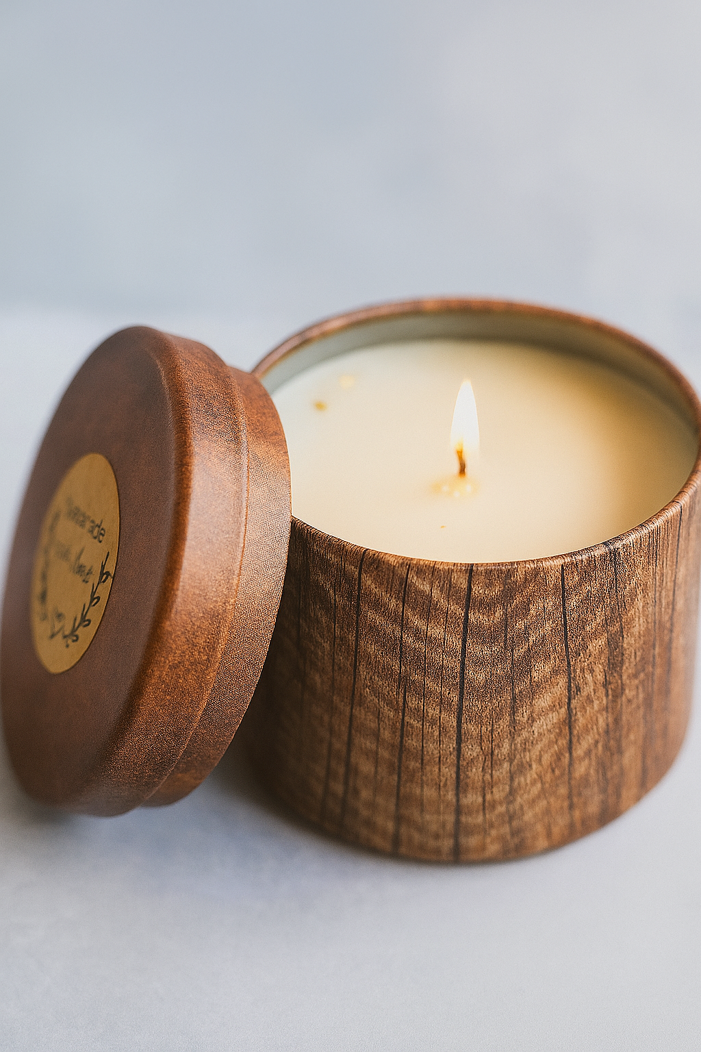 Rustic Wood Tin Candle – Bergamot Scented Soy Wax with Gold Leaf 110g